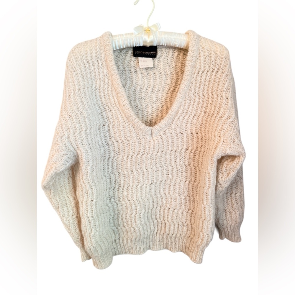 David Benjamin Cream Mohair Wool Sweater L V-Neck Chunky Knit Made in Italy